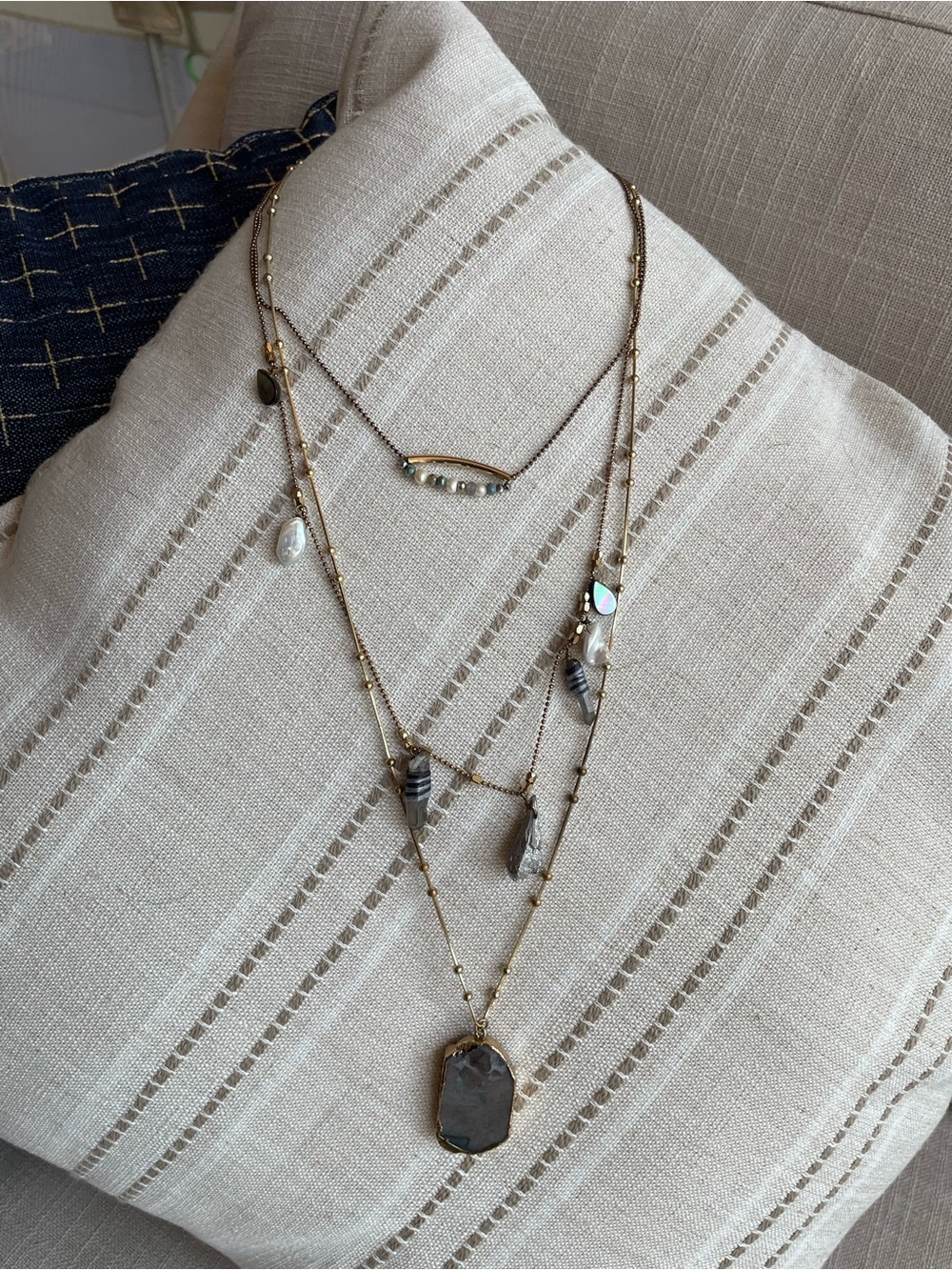 Gold-Tone Layered Necklace with White Pearl and Gray Stone Accents